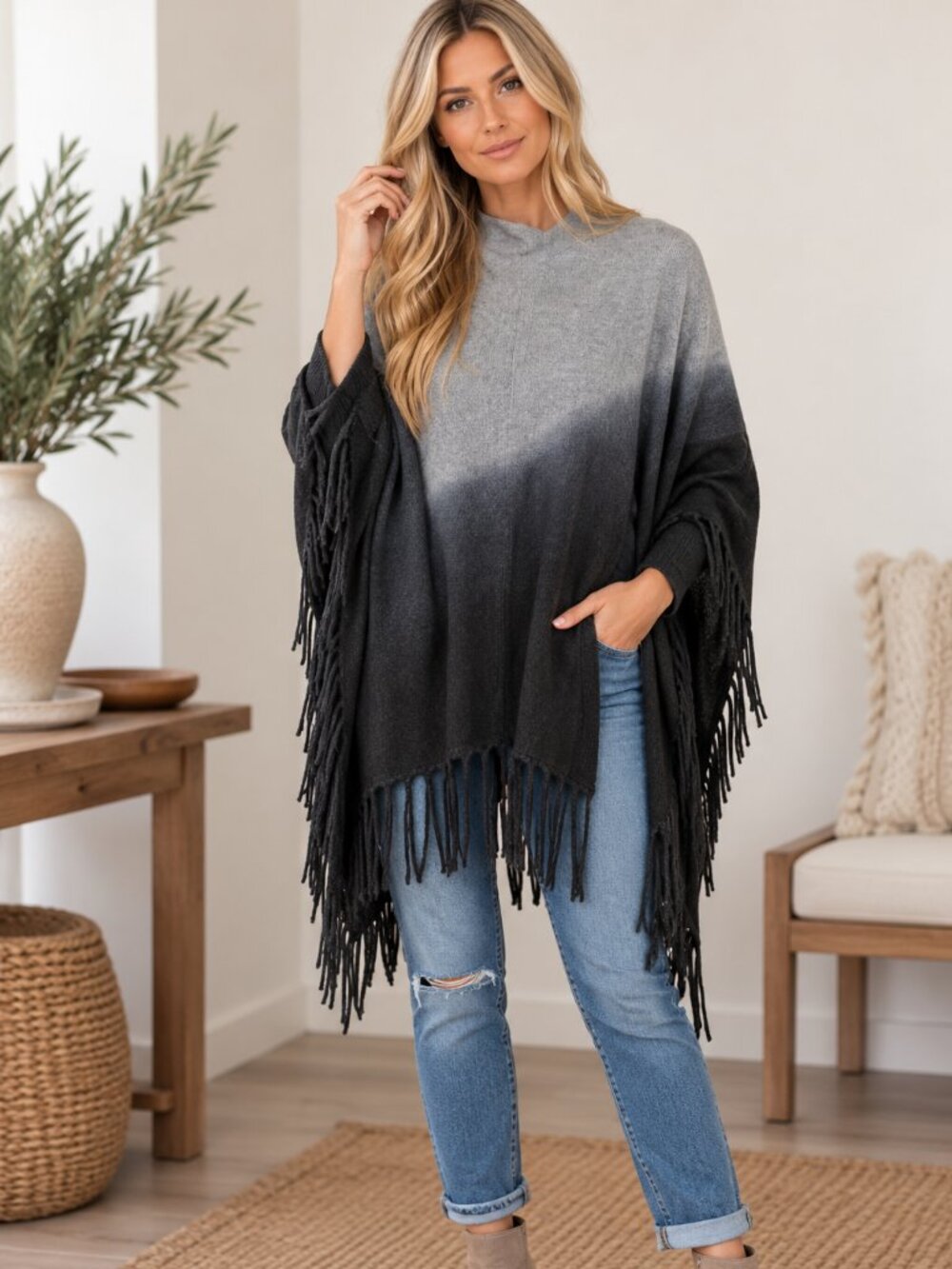 lovestitch Ombre Gray to Black Fringe Poncho Sweater